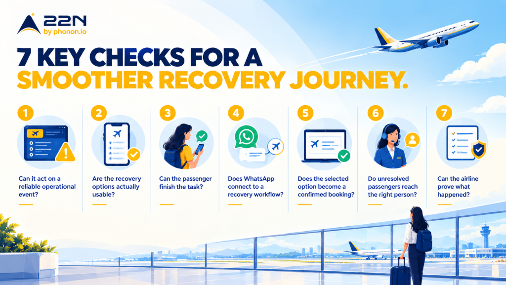 Infographic titled “7 Key Checks for a Smoother Recovery Journey,” showing seven airline disruption-recovery checkpoints: reliable operational events, usable recovery options, passenger task completion, WhatsApp workflow integration, confirmed bookings, human support handoff, and an audit trail. The graphic uses a blue, navy, white, and yellow aviation-themed design with an airplane and airport terminal scene.