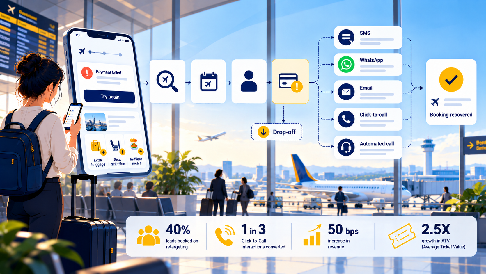 22North infographic showing how intelligent automation recovers abandoned airline bookings through targeted SMS, WhatsApp, email and calls to increase revenue and ancillary sales.