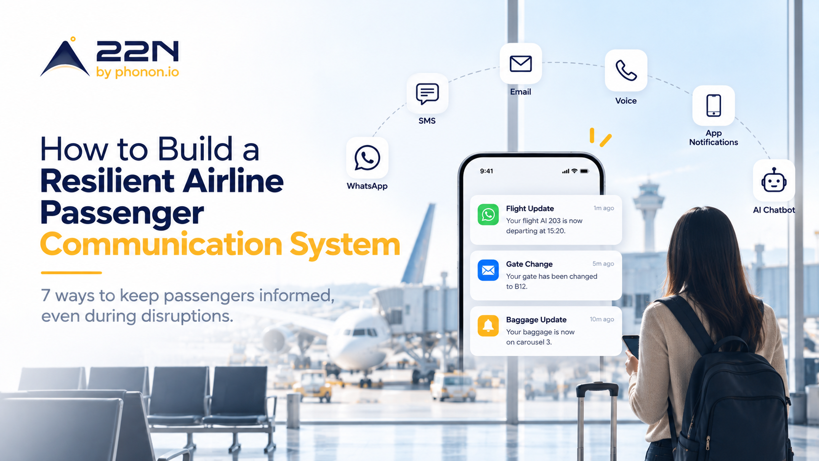 22North blog cover illustrating a resilient airline passenger communication system with airport passengers, flight updates and multiple communication channels.