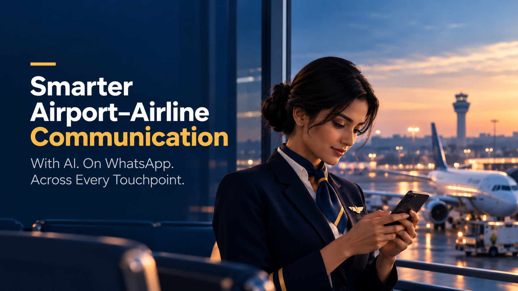 AI-powered airport–airline communication with a flight attendant using her phone.