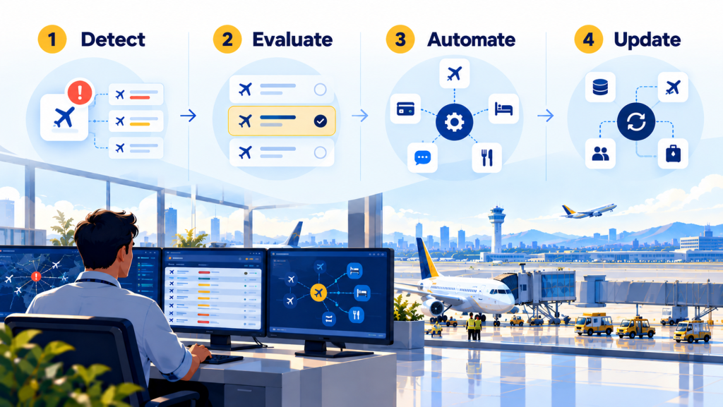 Infographic showing 22North’s four-step airline disruption recovery process: Detect, Evaluate, Automate and Update, with an airline operations team monitoring recovery workflows.