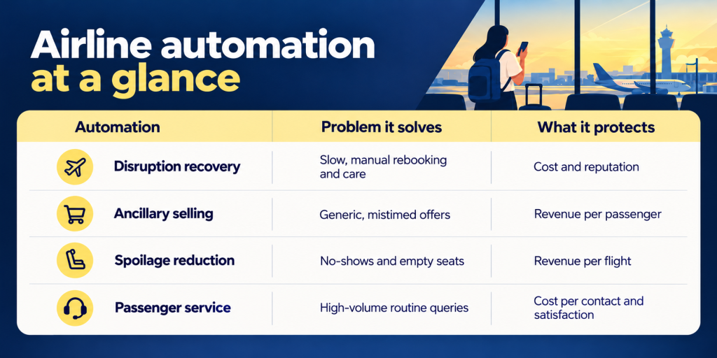 Airline automation infographic by 22North showcasing disruption recovery, ancillary sales, spoilage reduction, and automated passenger service to reduce airline operating costs, protect revenue, and improve passenger satisfaction.