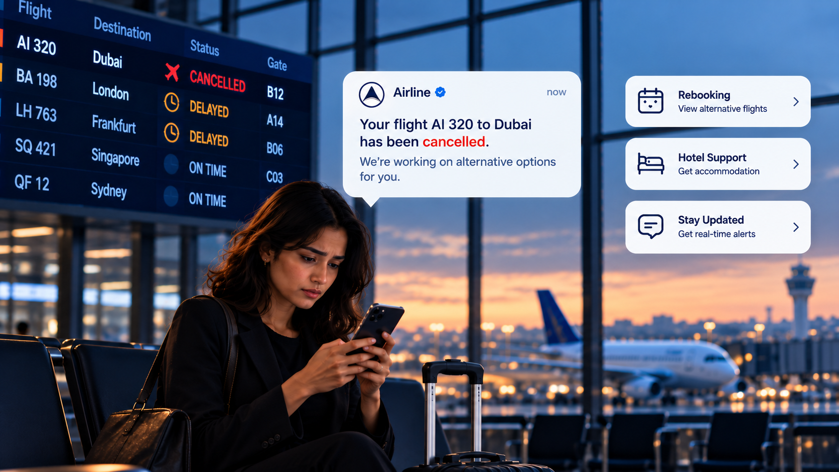 Passenger checking her phone after a flight cancellation, with airline rebooking and support options displayed at an airport.