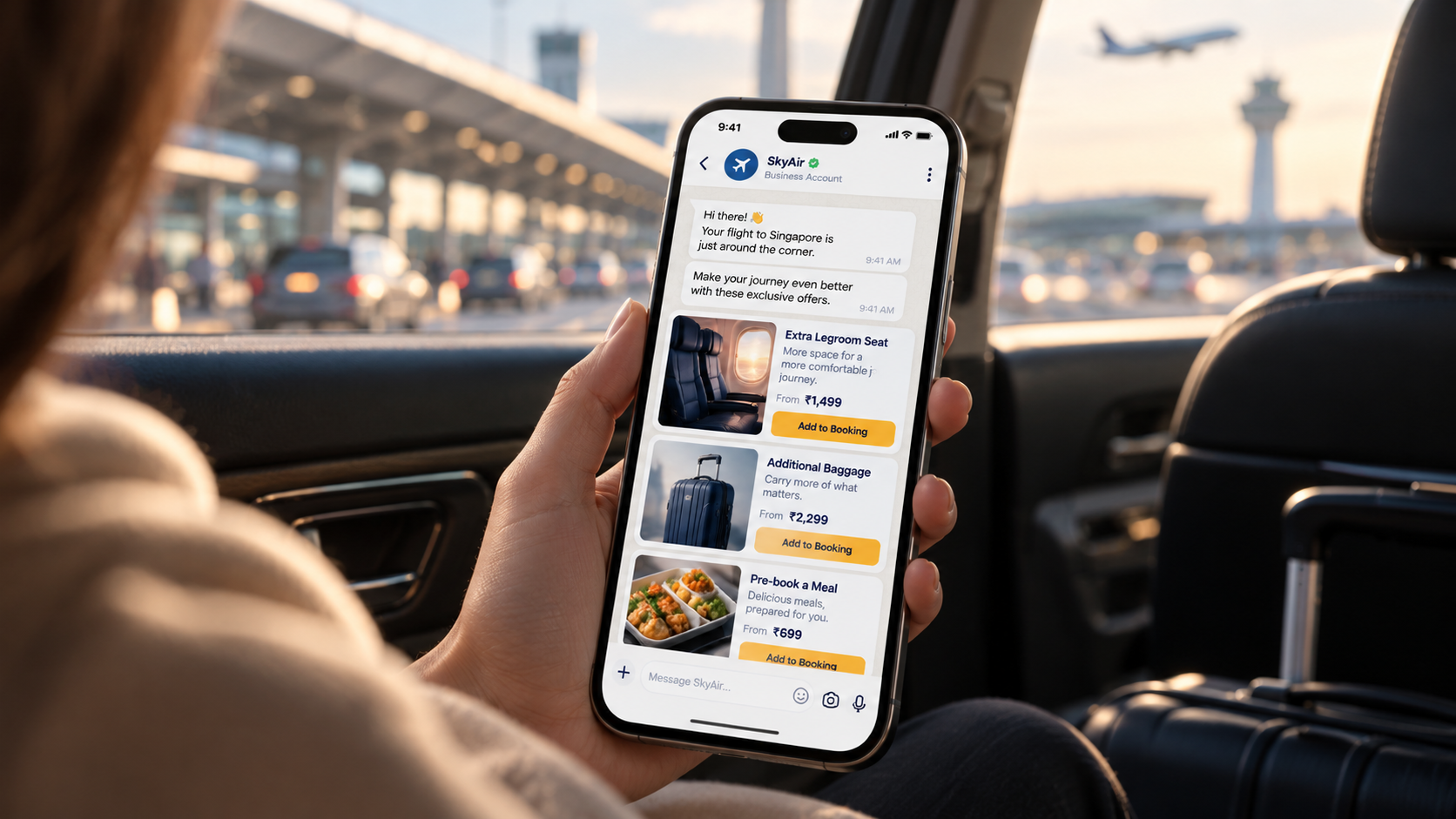 Passenger browsing personalised airline ancillary offers on a smartphone in a cab.