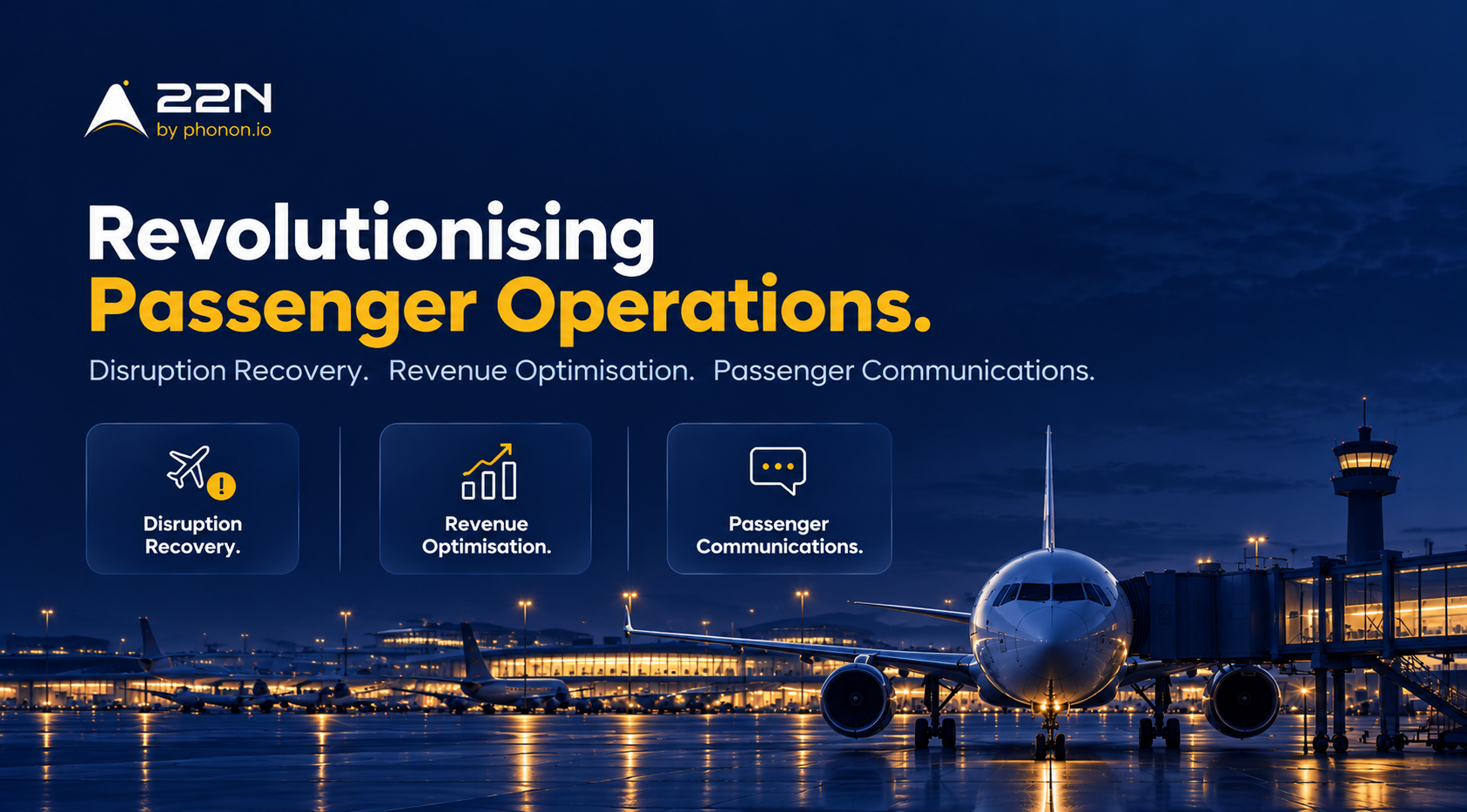 22North blog cover featuring a photorealistic airport at dusk, an aircraft at the terminal, and glass-style cards highlighting disruption recovery, revenue optimisation and passenger communications.
