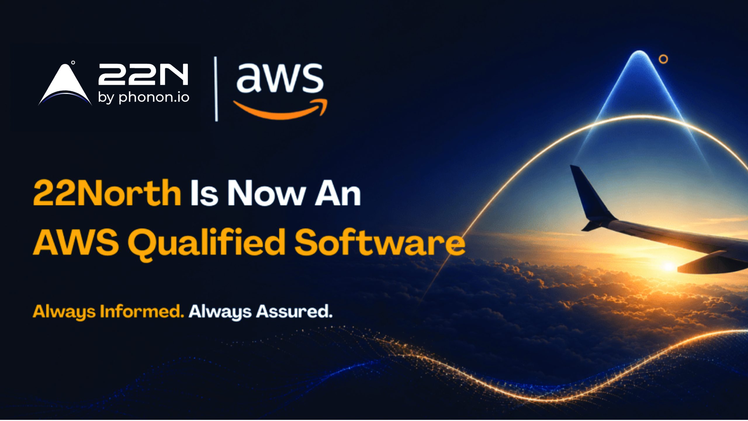 22North AWS Qualified Software announcement featuring 22North and AWS logos, an aircraft wing above the clouds, and the tagline “Always Informed. Always Assured.”
