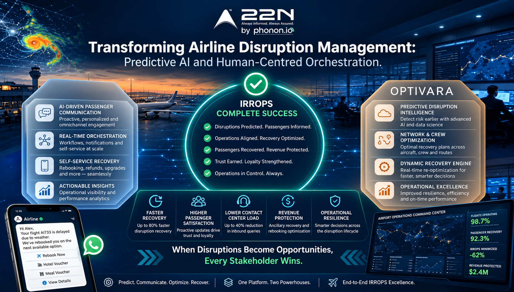 Predictive airline disruption communication using AI, weather intelligence and automated passenger recovery.