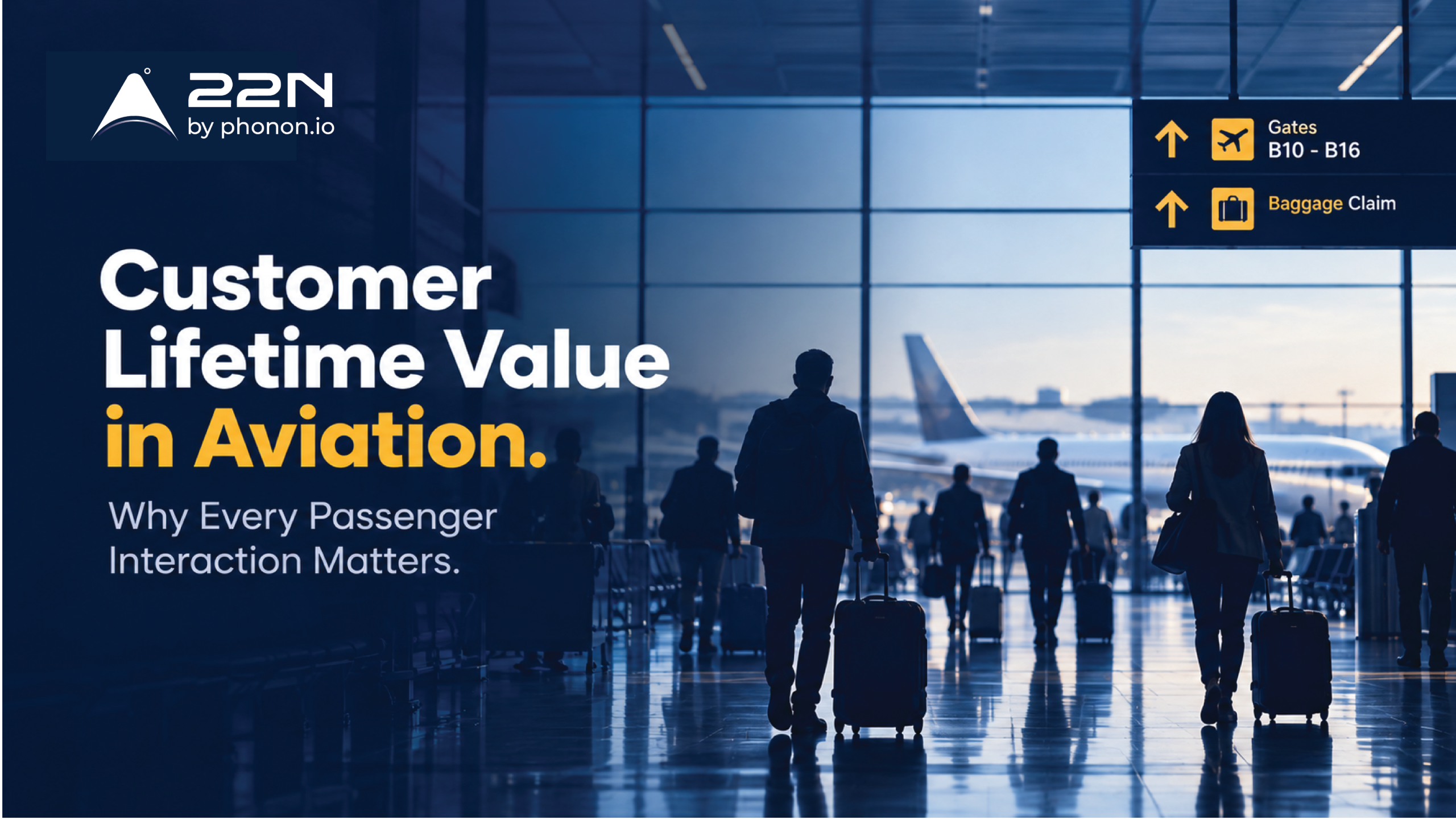 22North blog cover showing passengers walking through an airport terminal with an aircraft in the background, illustrating customer lifetime value and passenger experience in aviation.