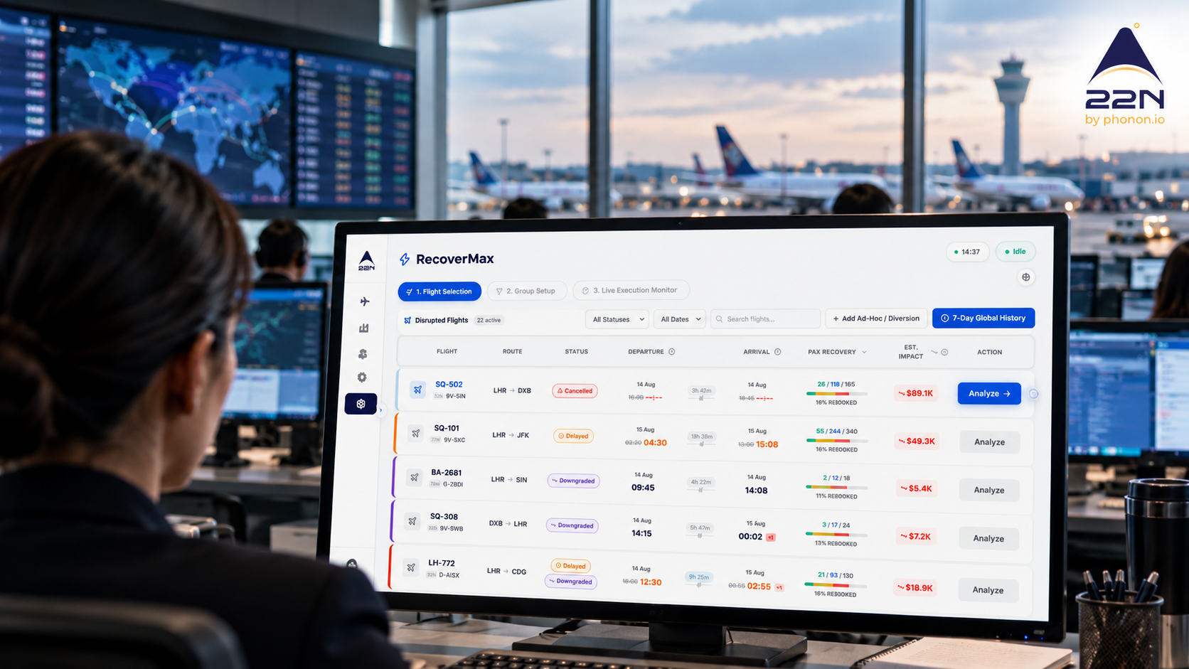 Airline disruption recovery software for managing flight delays and passenger reaccommodation.