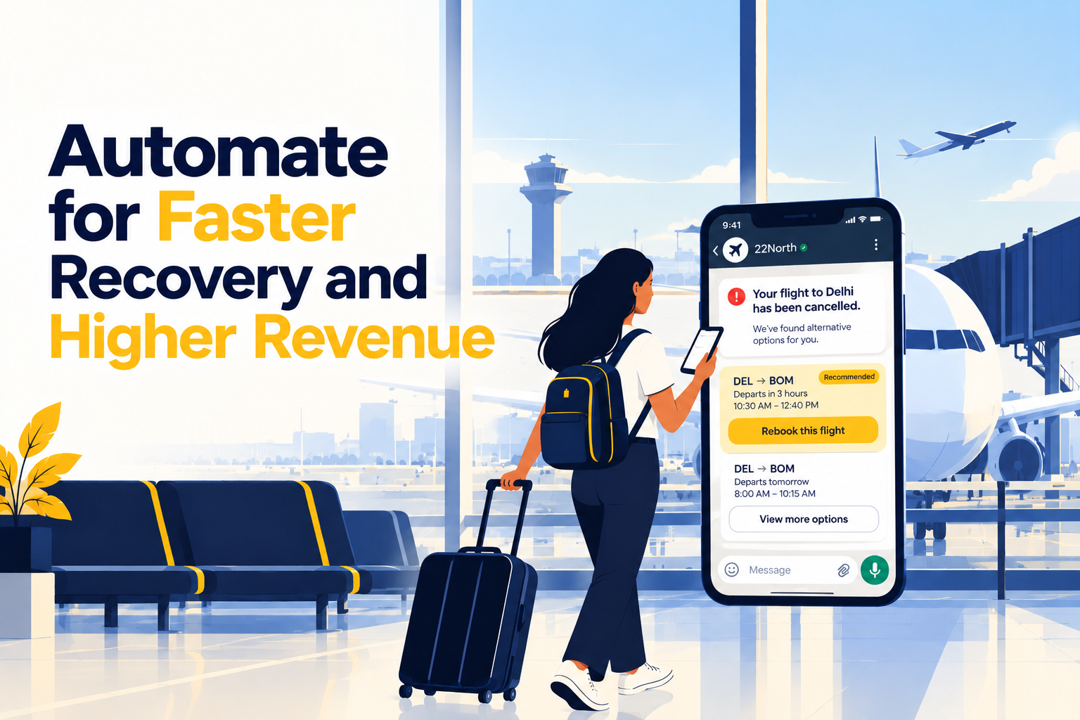 22North airline automation platform helping airlines automate flight disruption recovery, passenger rebooking, and revenue optimisation. Illustration of a passenger receiving automated flight cancellation alerts and alternative booking options on a smartphone at an airport, enabling faster recovery, reduced servicing costs, and higher airline revenue.