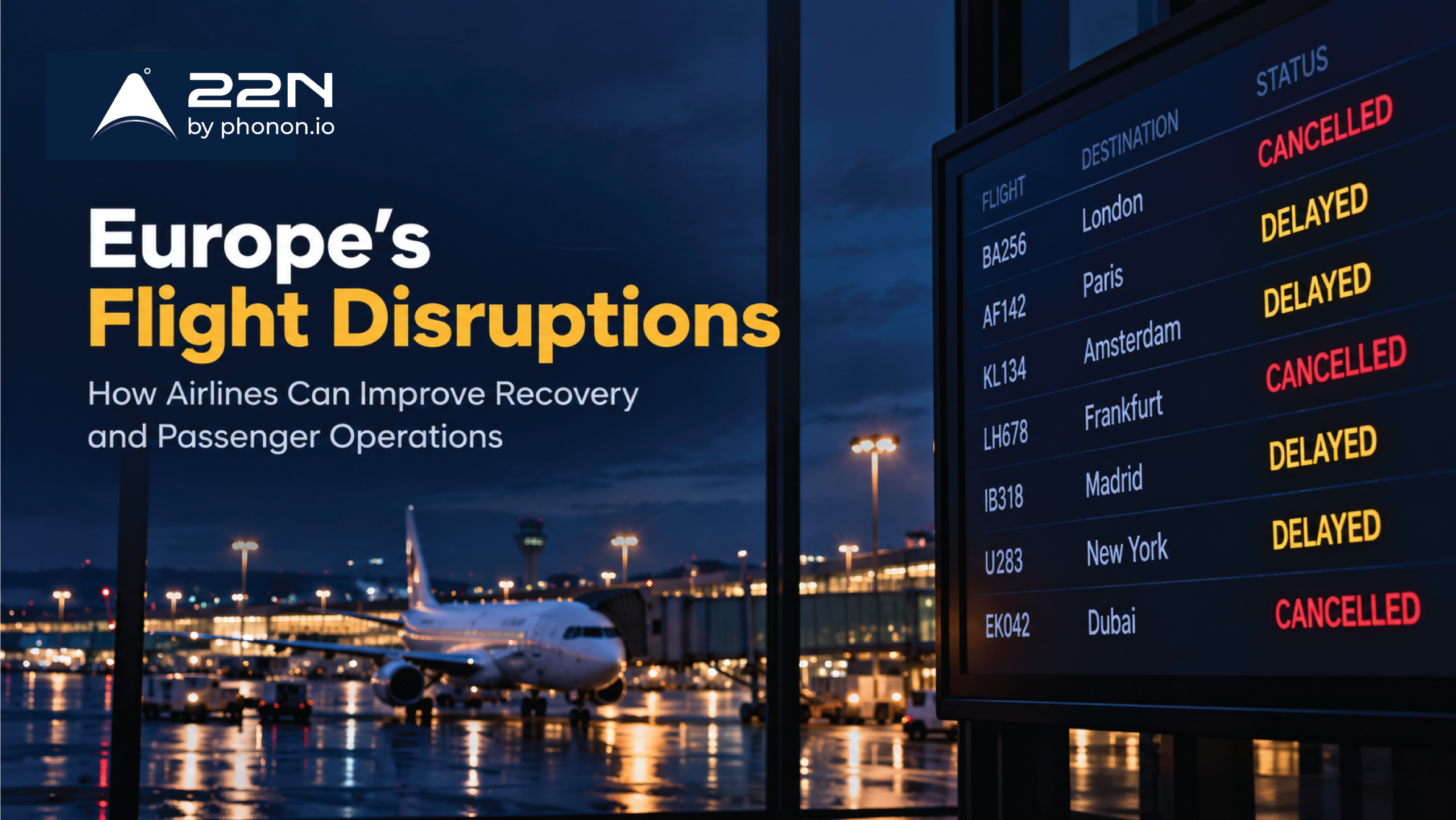 22North blog cover showing a European airport at night with a flight information board displaying delayed and cancelled flights, illustrating airline disruption management and passenger recovery.