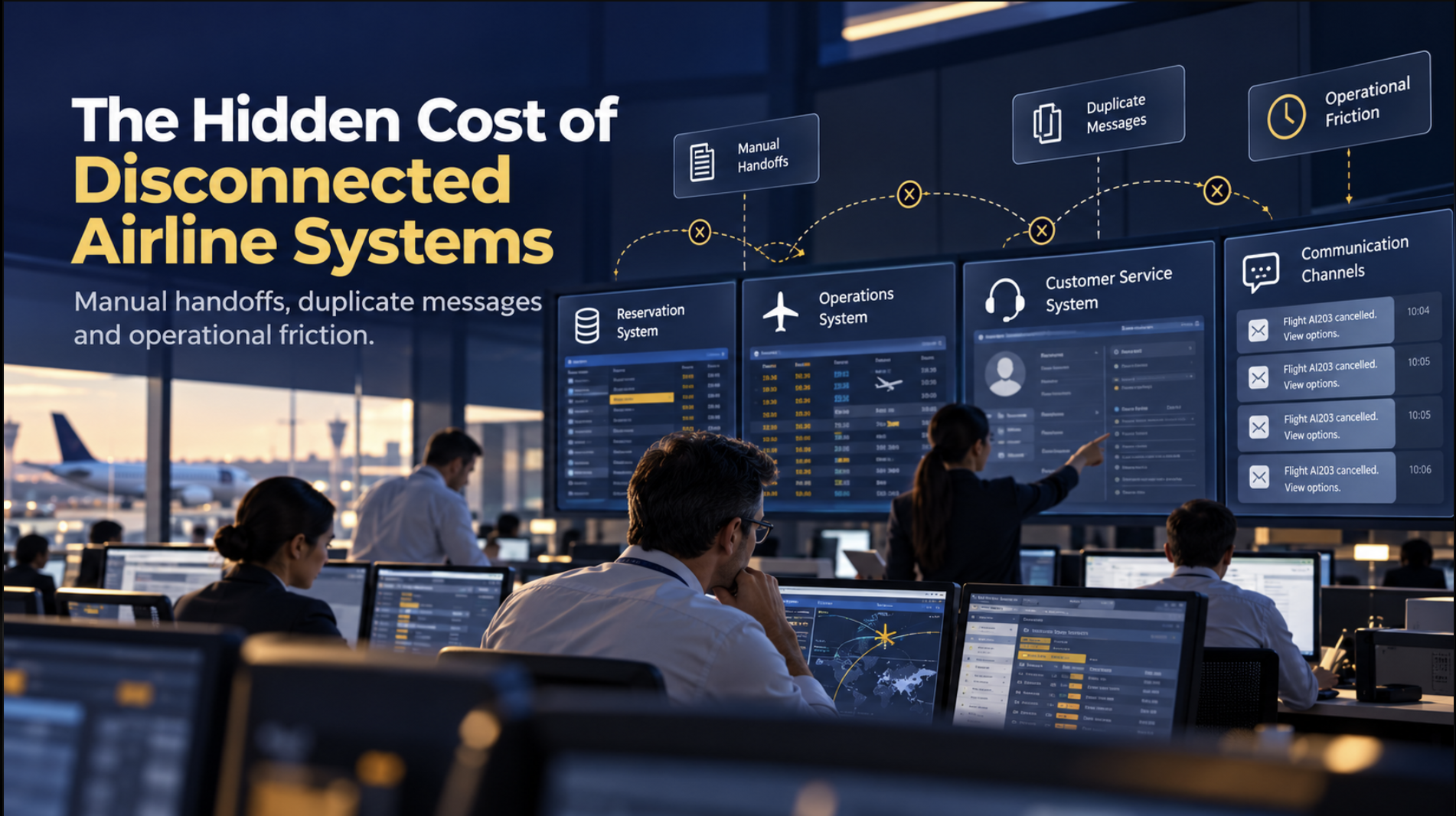 Airline operations control room illustrating disconnected systems, duplicate messages, and manual handoffs.