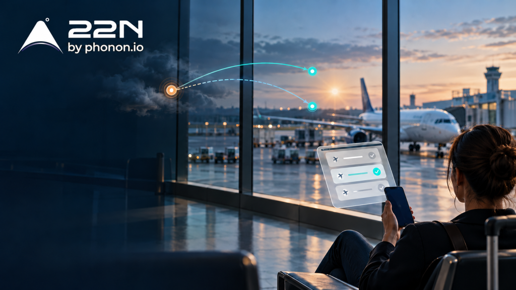 Passenger using airline disruption recovery journey flows on a smartphone to manage flight changes and rebooking at an airport.
