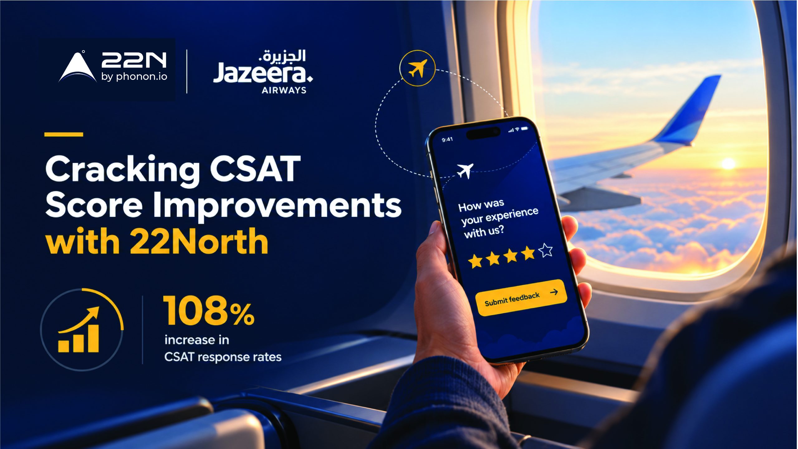 22North and Jazeera Airways case study cover showing a passenger rating their flight experience on a smartphone, highlighting a 108% increase in CSAT response rates.