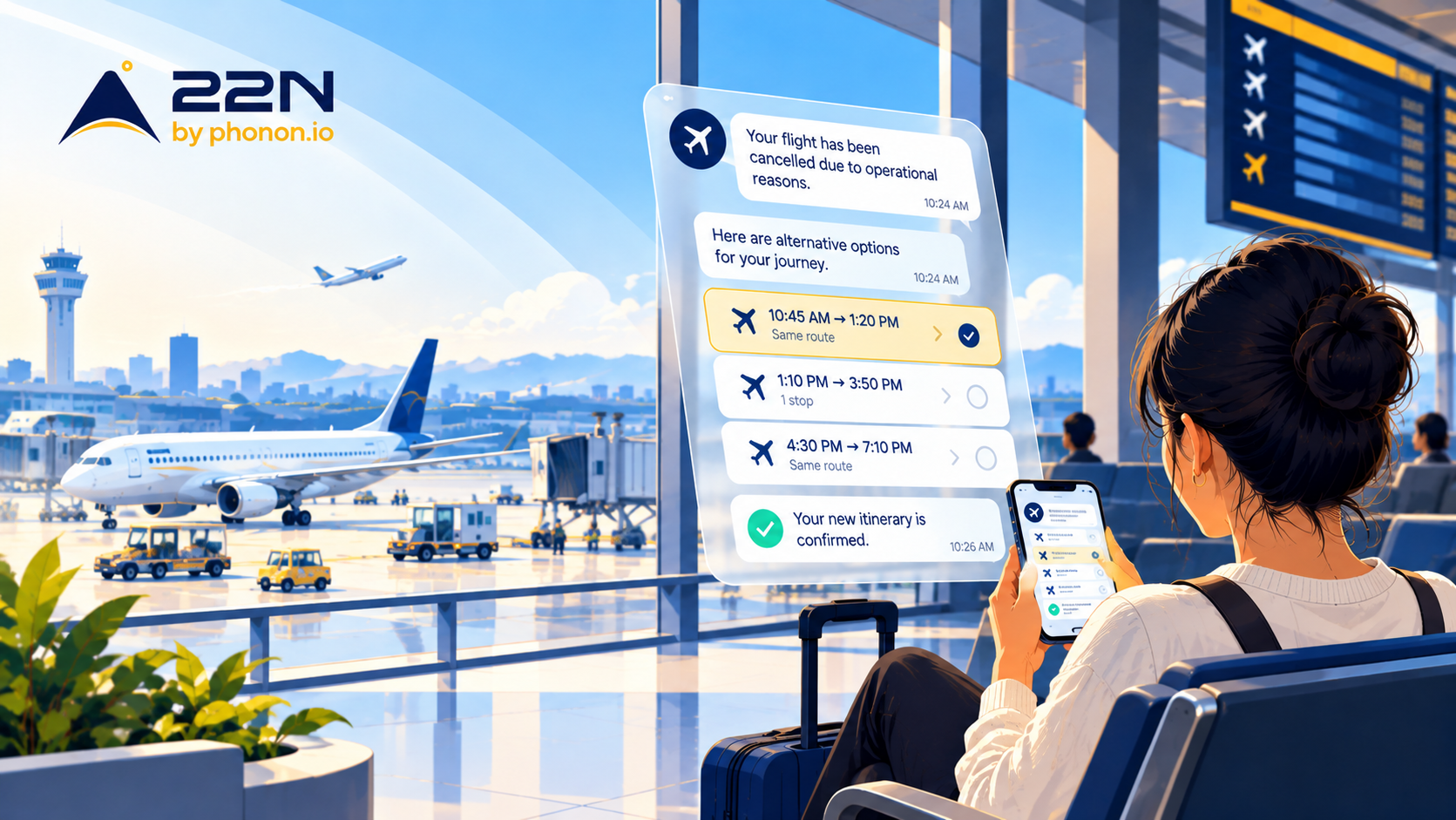 22North airline disruption recovery illustration showing a passenger receiving flight alternatives and a confirmed rebooking through a digital chat interface at an airport.